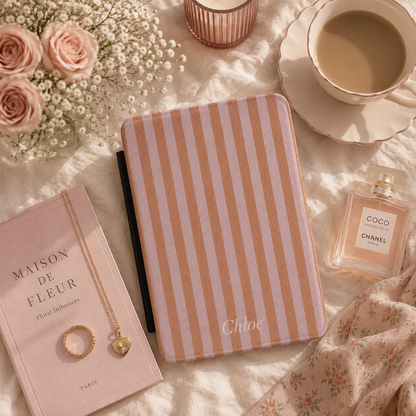 Personalised Caramel & Mauve Stripe Name Kindle Case — Custom Name