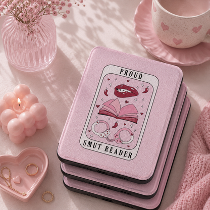 Proud Smut Reader Tarot Kindle Case — Pink Lips & Handcuffs Card