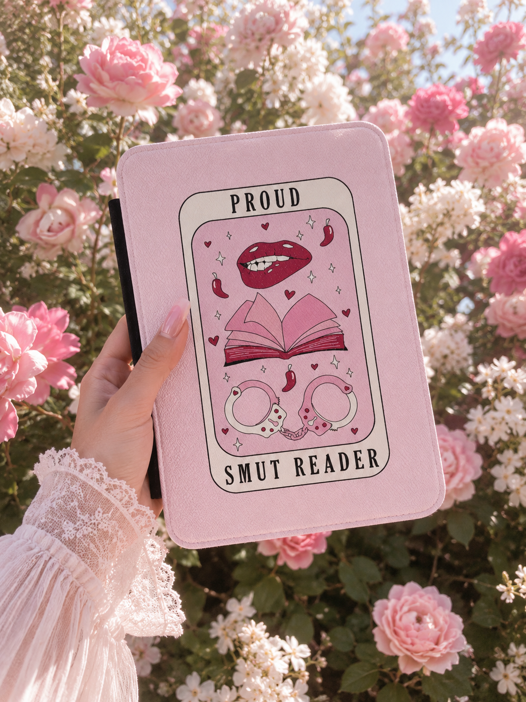 Proud Smut Reader Tarot Kindle Case — Pink Lips & Handcuffs Card