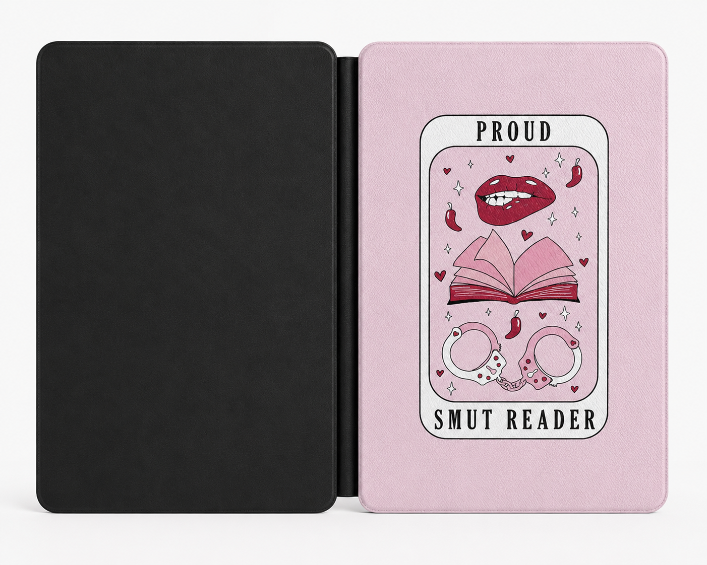 Proud Smut Reader Tarot Kindle Case — Pink Lips & Handcuffs Card