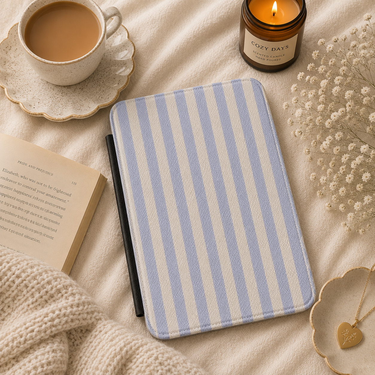 Periwinkle Stripe Kindle Case — Soft Blue & Cream Pattern