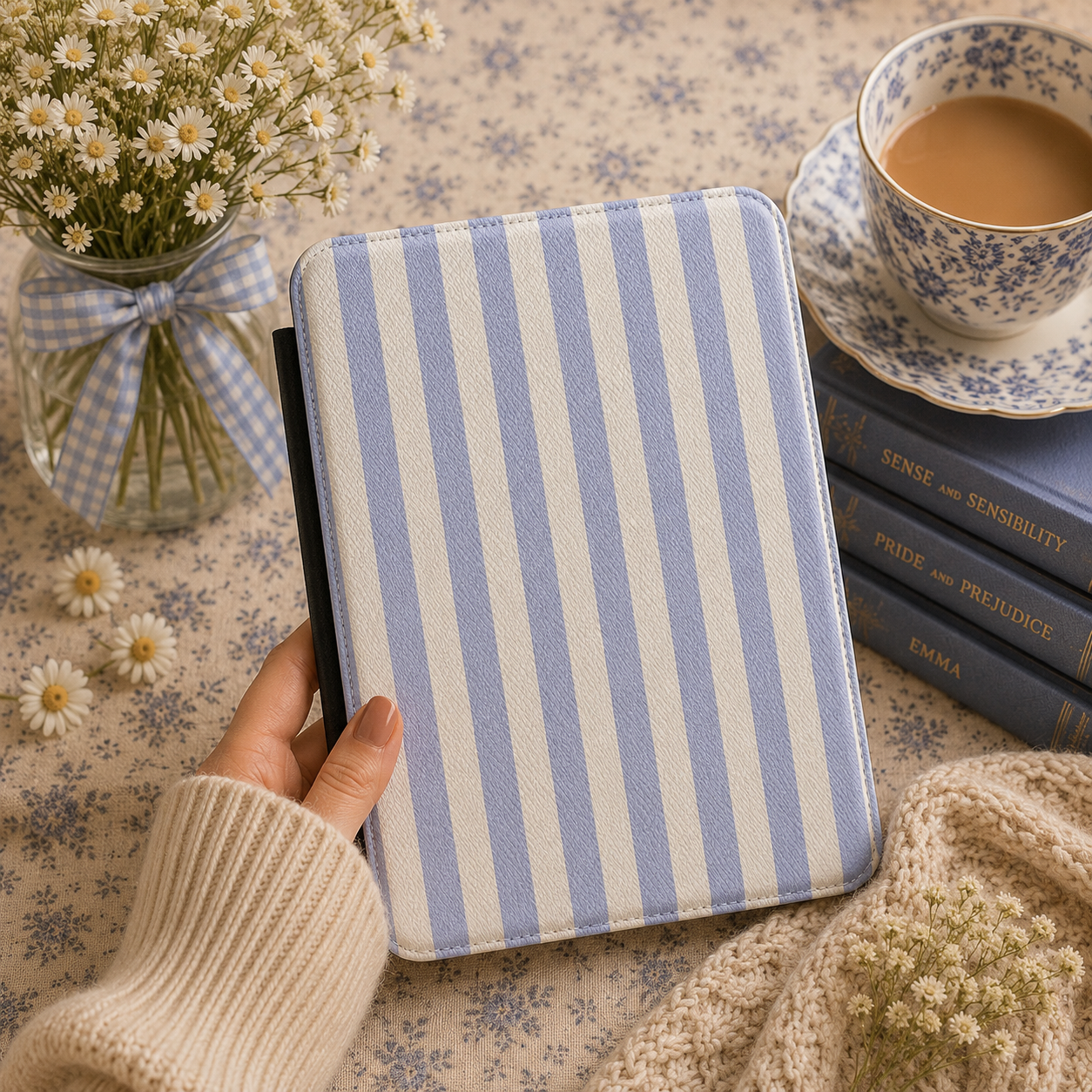 Periwinkle Stripe Kindle Case — Soft Blue & Cream Pattern