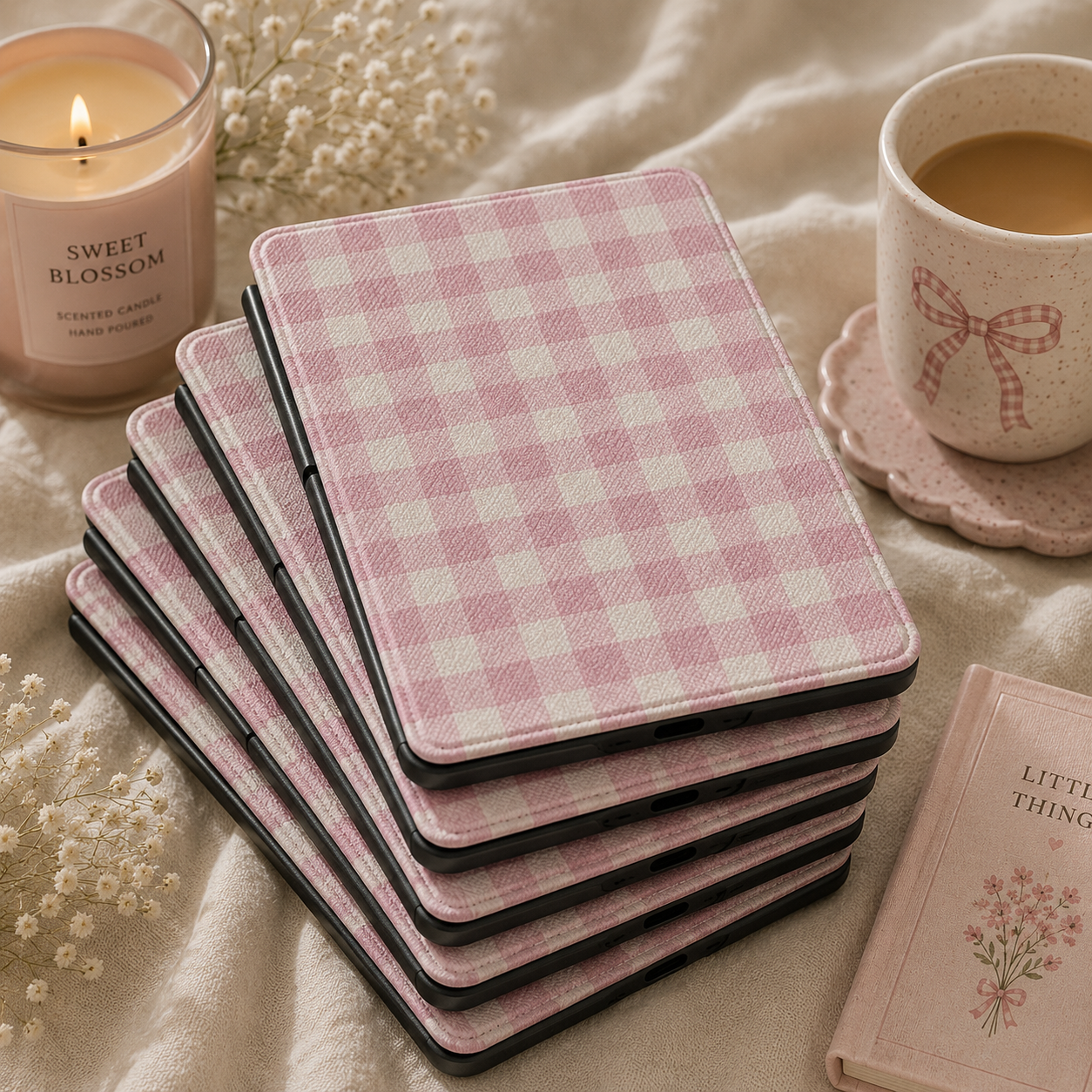 Pink Gingham Kindle Case — Soft Cottage Check on Cream