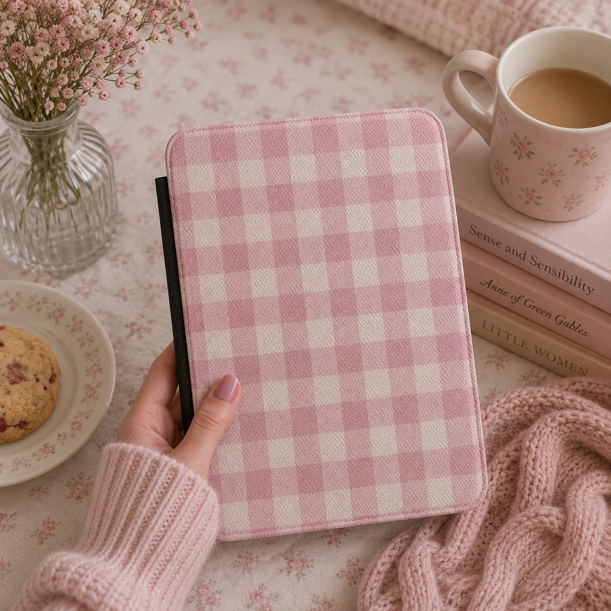 Pink Gingham Kindle Case — Soft Cottage Check on Cream