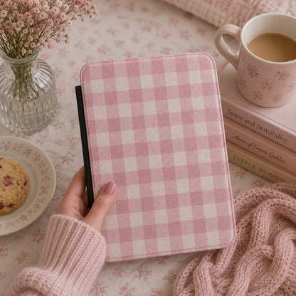 Pink Gingham Kindle Case — Soft Cottage Check on Cream