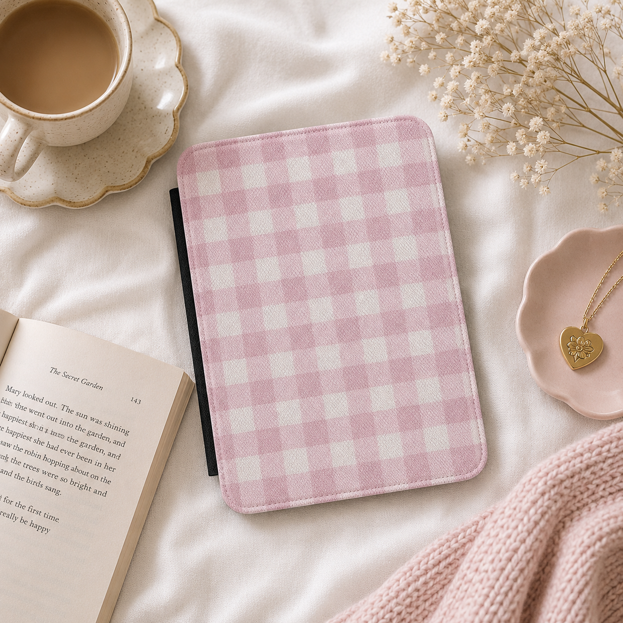 Pink Gingham Kindle Case — Soft Cottage Check on Cream