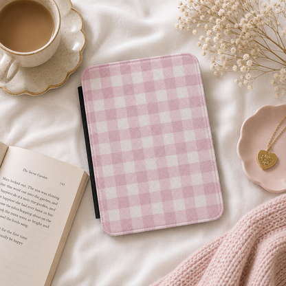 Pink Gingham Kindle Case — Soft Cottage Check on Cream