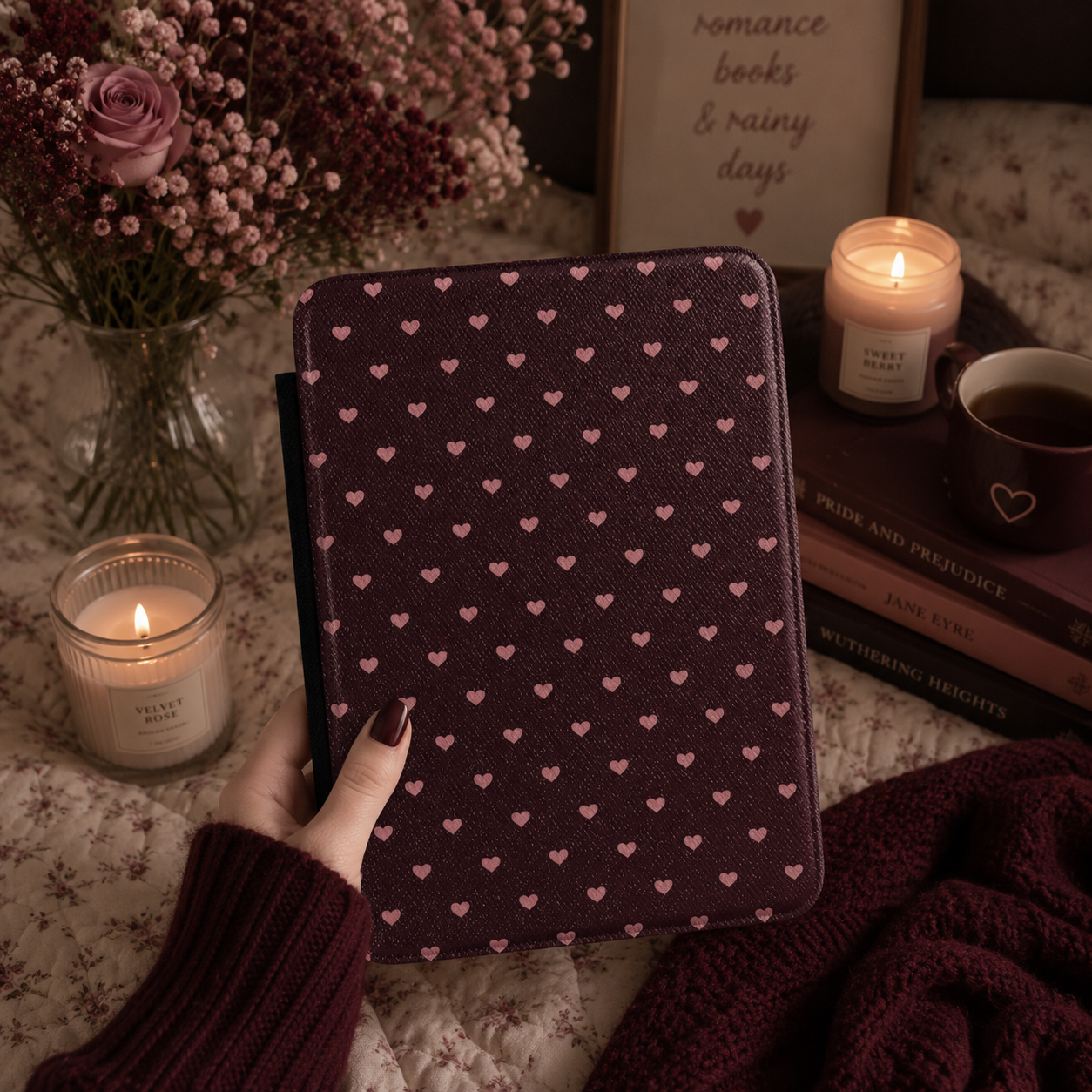 Pink Hearts Kindle Case — Sweet Pattern on Wine Burgundy