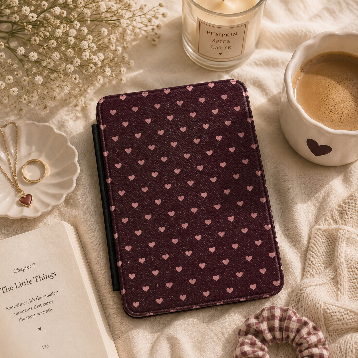 Pink Hearts Kindle Case — Sweet Pattern on Wine Burgundy
