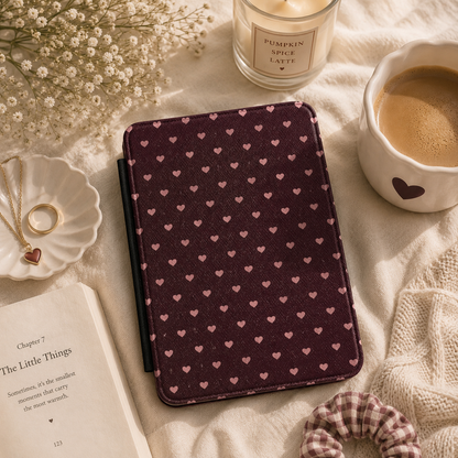 Pink Hearts Kindle Case — Sweet Pattern on Wine Burgundy