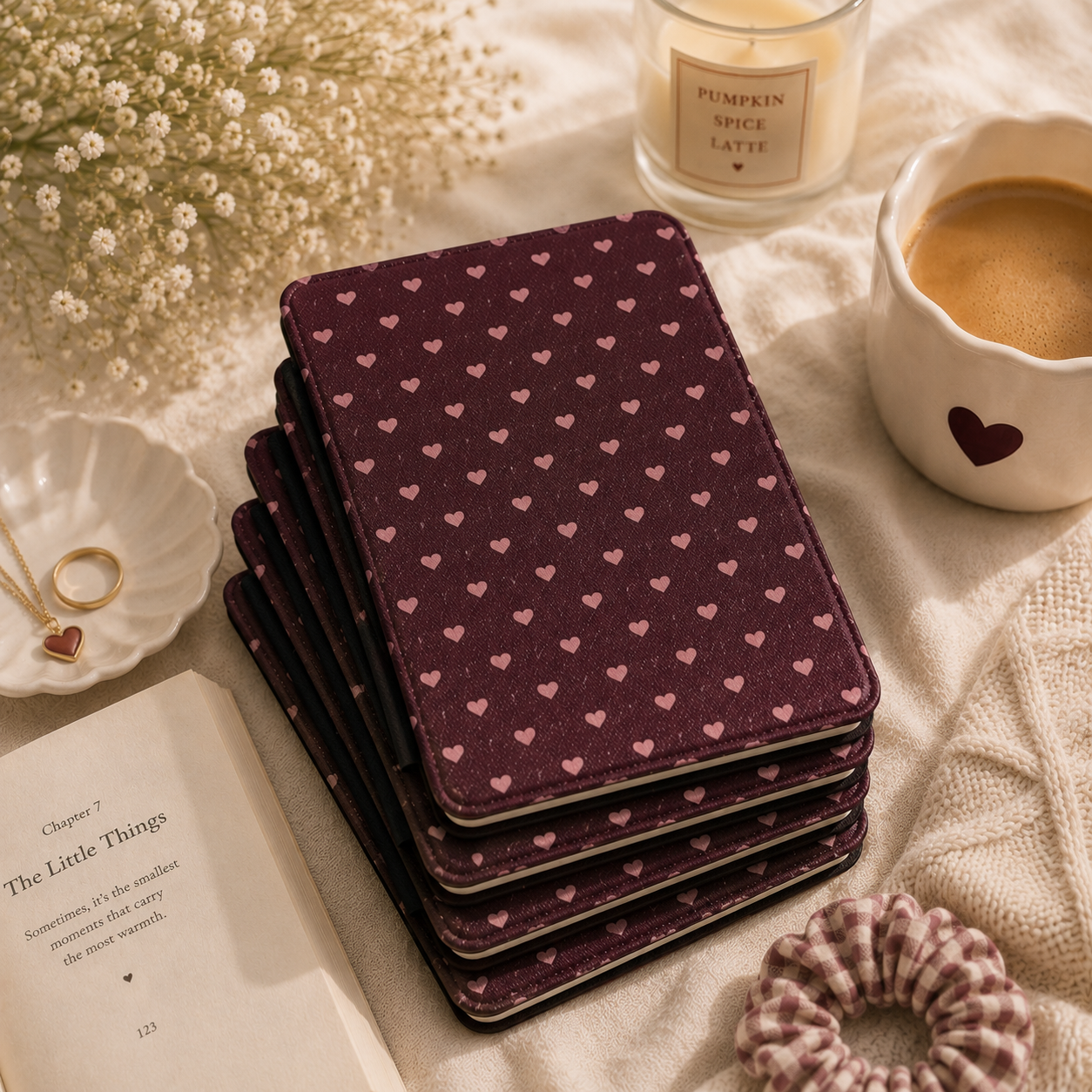 Pink Hearts Kindle Case — Sweet Pattern on Wine Burgundy
