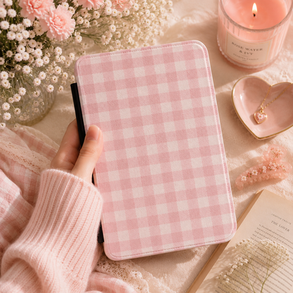 Pink Gingham Kindle Case — Soft Checked Pattern on Cream