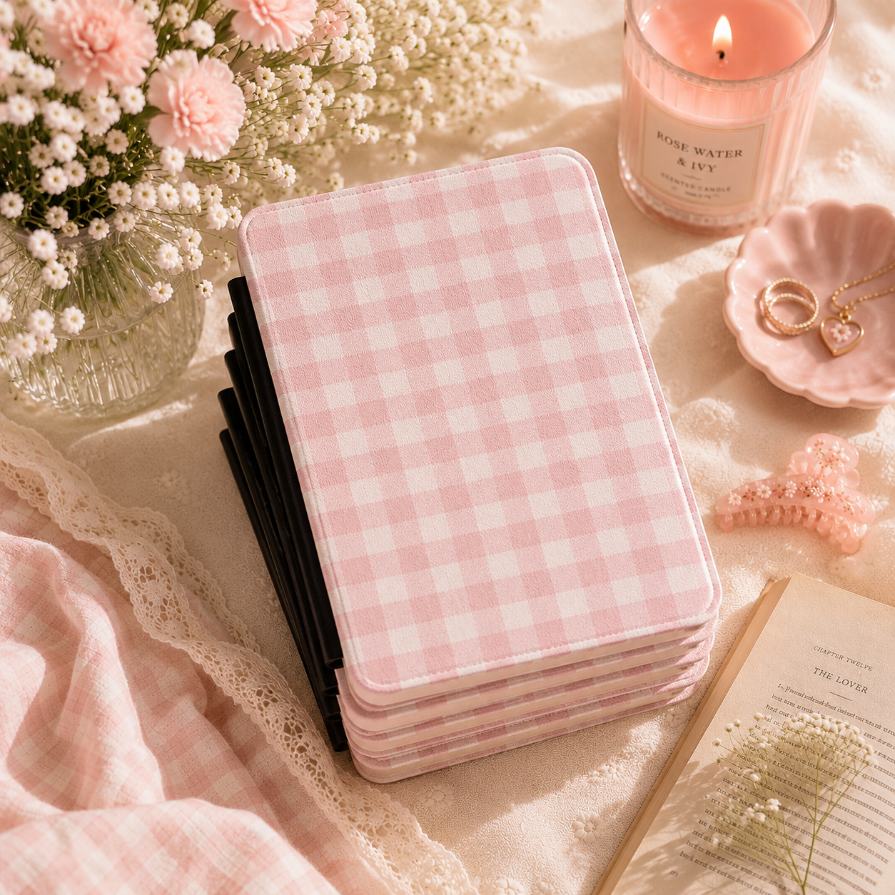 Pink Gingham Kindle Case — Soft Checked Pattern on Cream