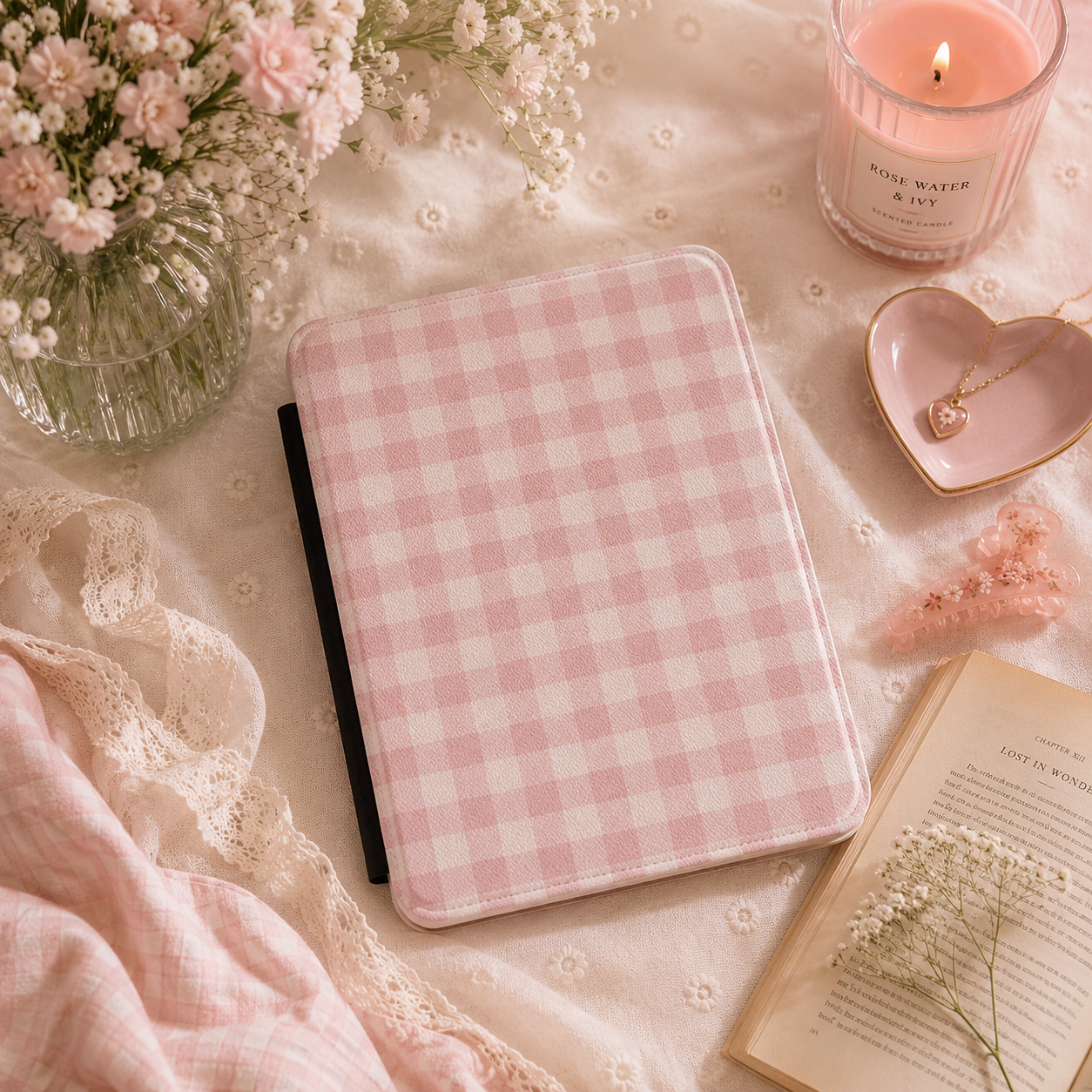Pink Gingham Kindle Case — Soft Checked Pattern on Cream