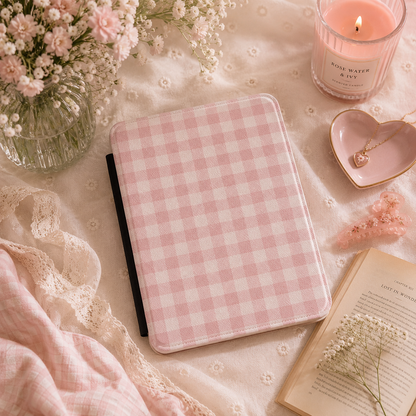 Pink Gingham Kindle Case — Soft Checked Pattern on Cream