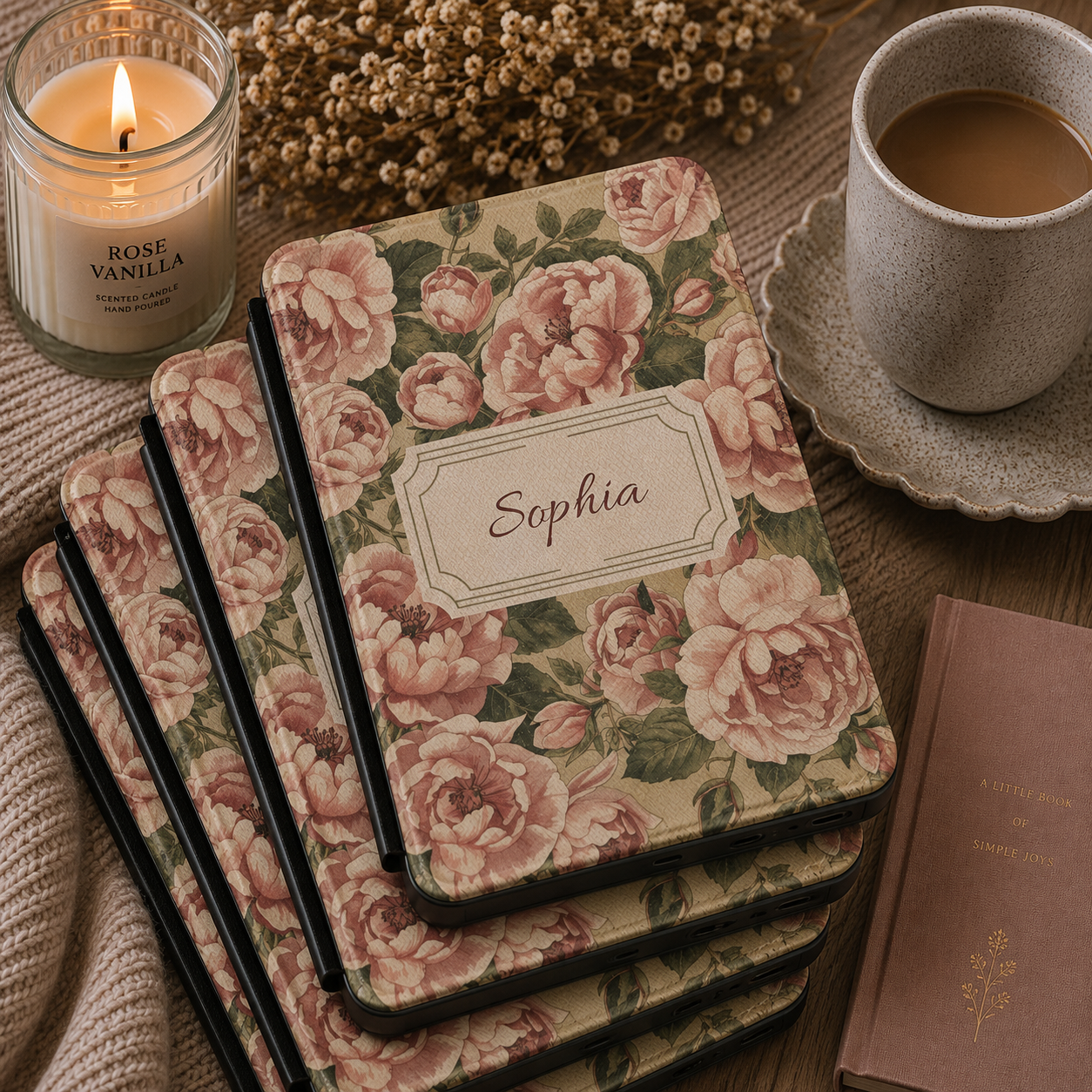 Personalised Vintage Rose Name Kindle Case — Custom Floral