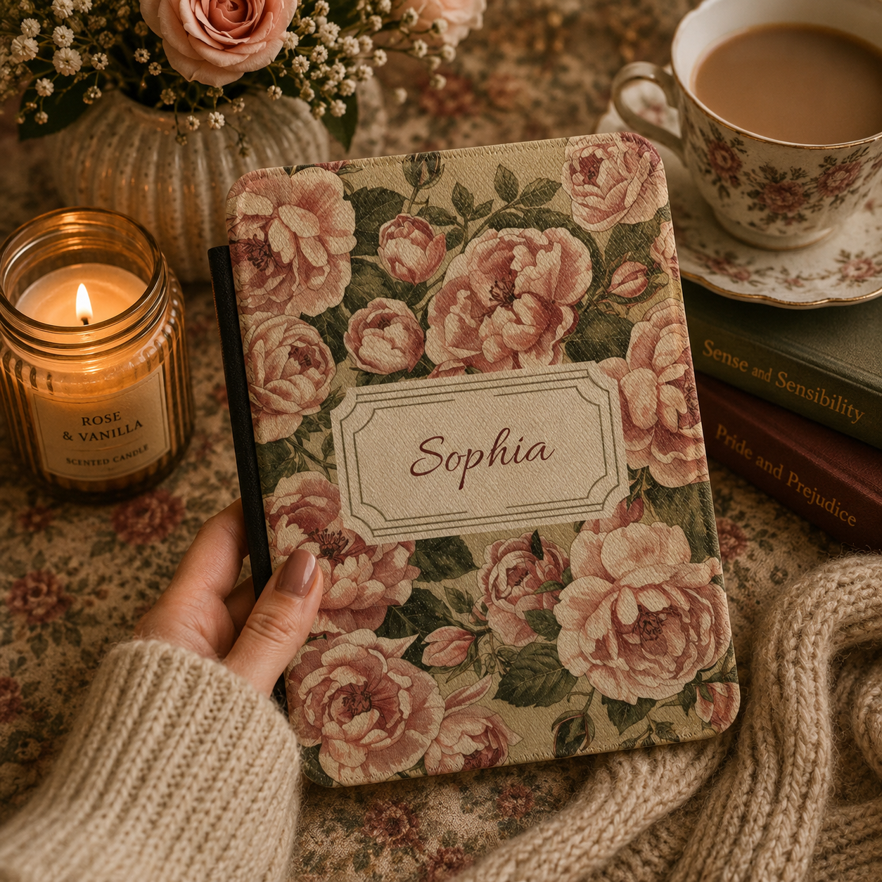 Personalised Vintage Rose Name Kindle Case — Custom Floral