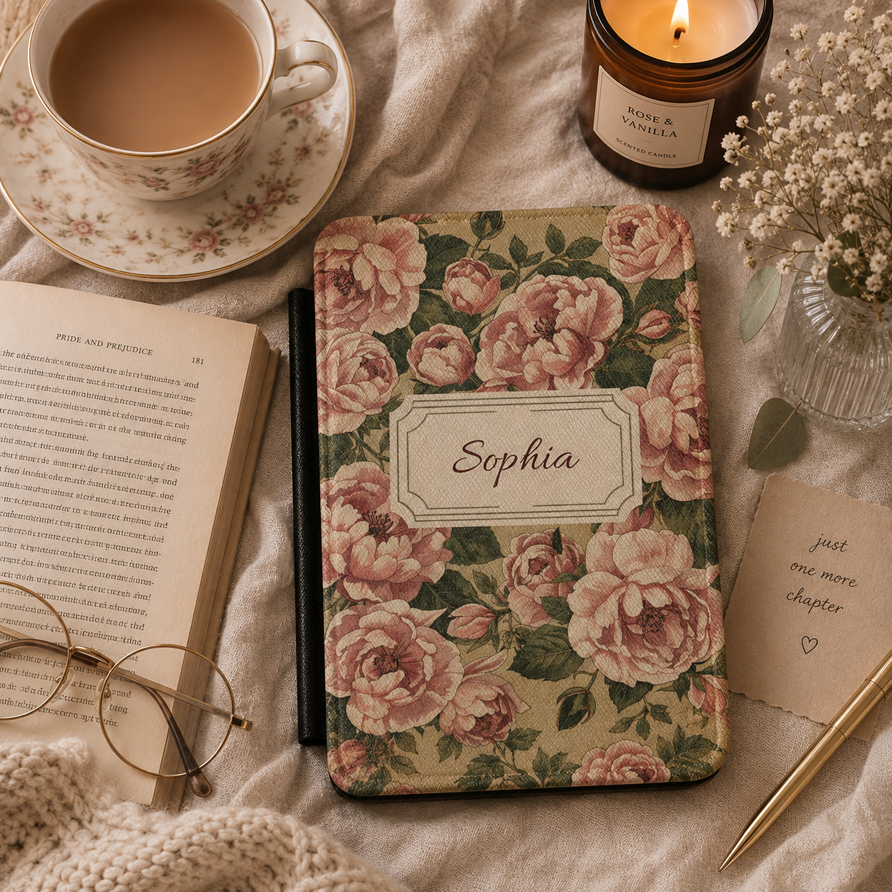 Personalised Vintage Rose Name Kindle Case — Custom Floral