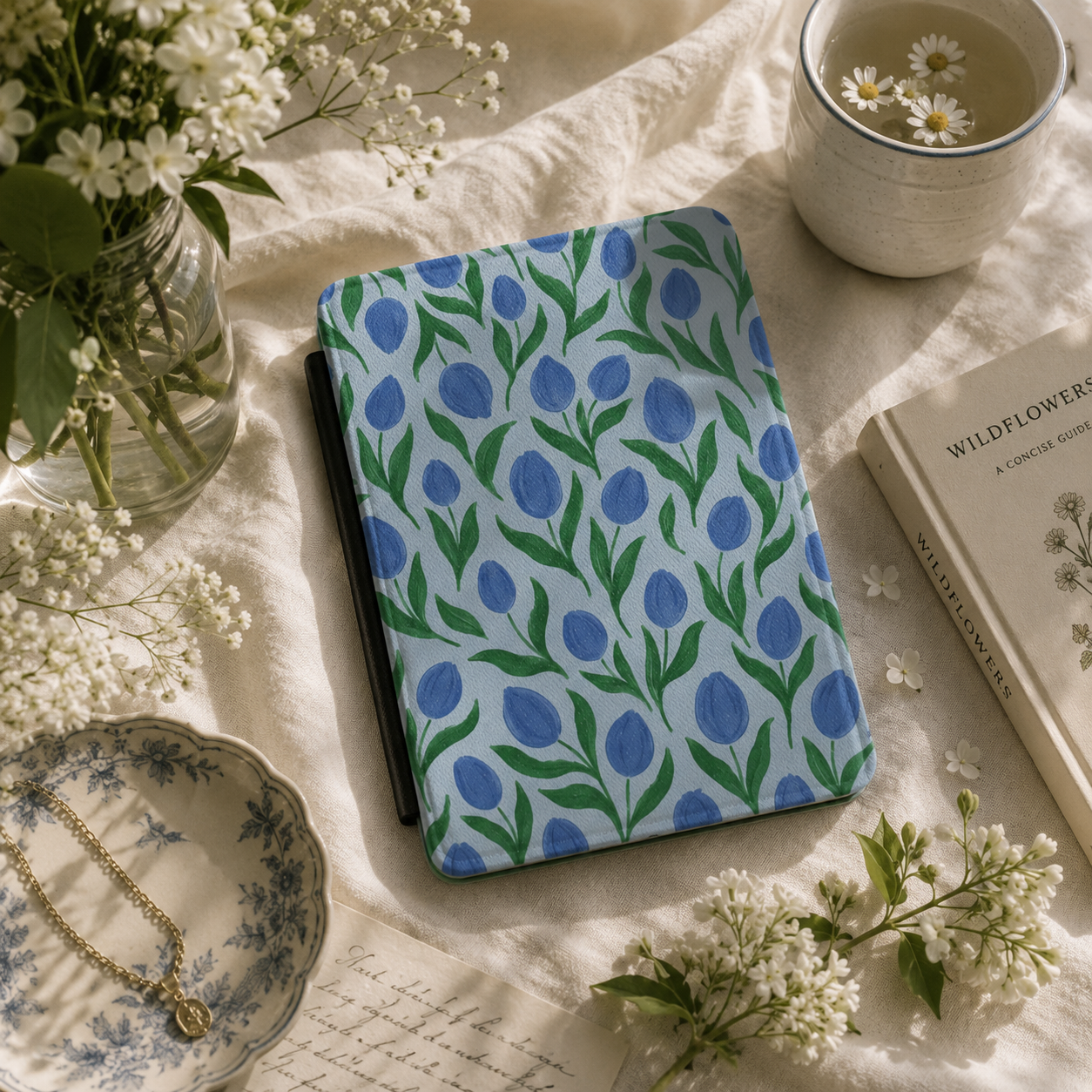 Painted Tulip Kindle Case — Cobalt Florals on Pale Blue