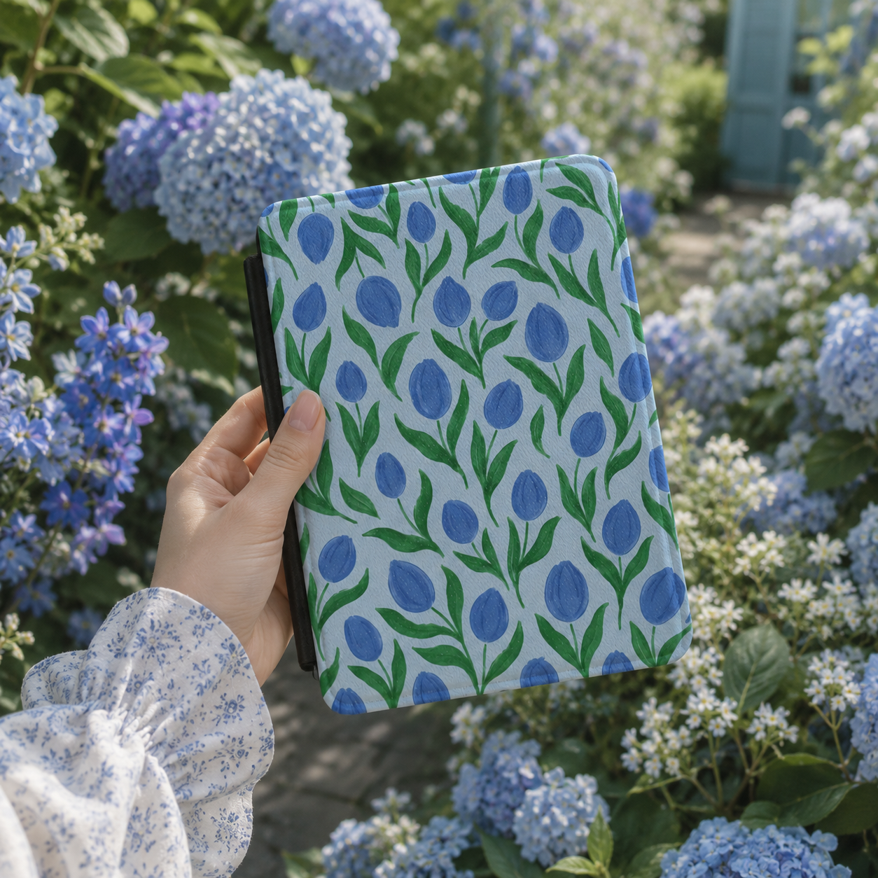 Painted Tulip Kindle Case — Cobalt Florals on Pale Blue