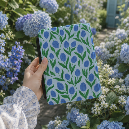 Painted Tulip Kindle Case — Cobalt Florals on Pale Blue