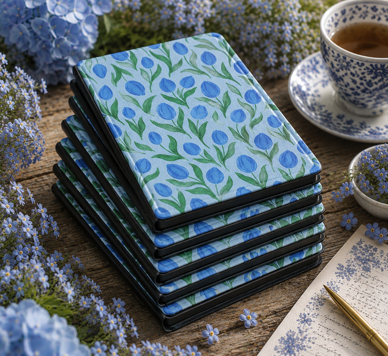 Painted Tulip Kindle Case — Cobalt Florals on Pale Blue