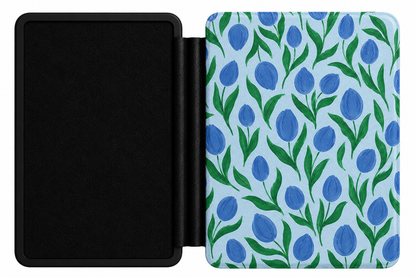 Painted Tulip Kindle Case — Cobalt Florals on Pale Blue