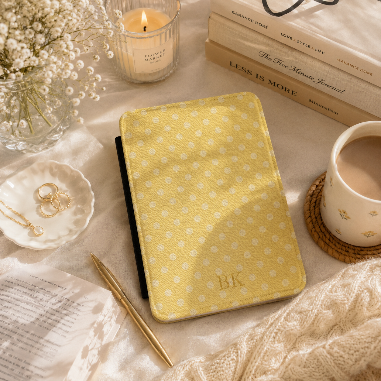 Personalized Yellow Polka Dot Kindle Case — Debossed Initials
