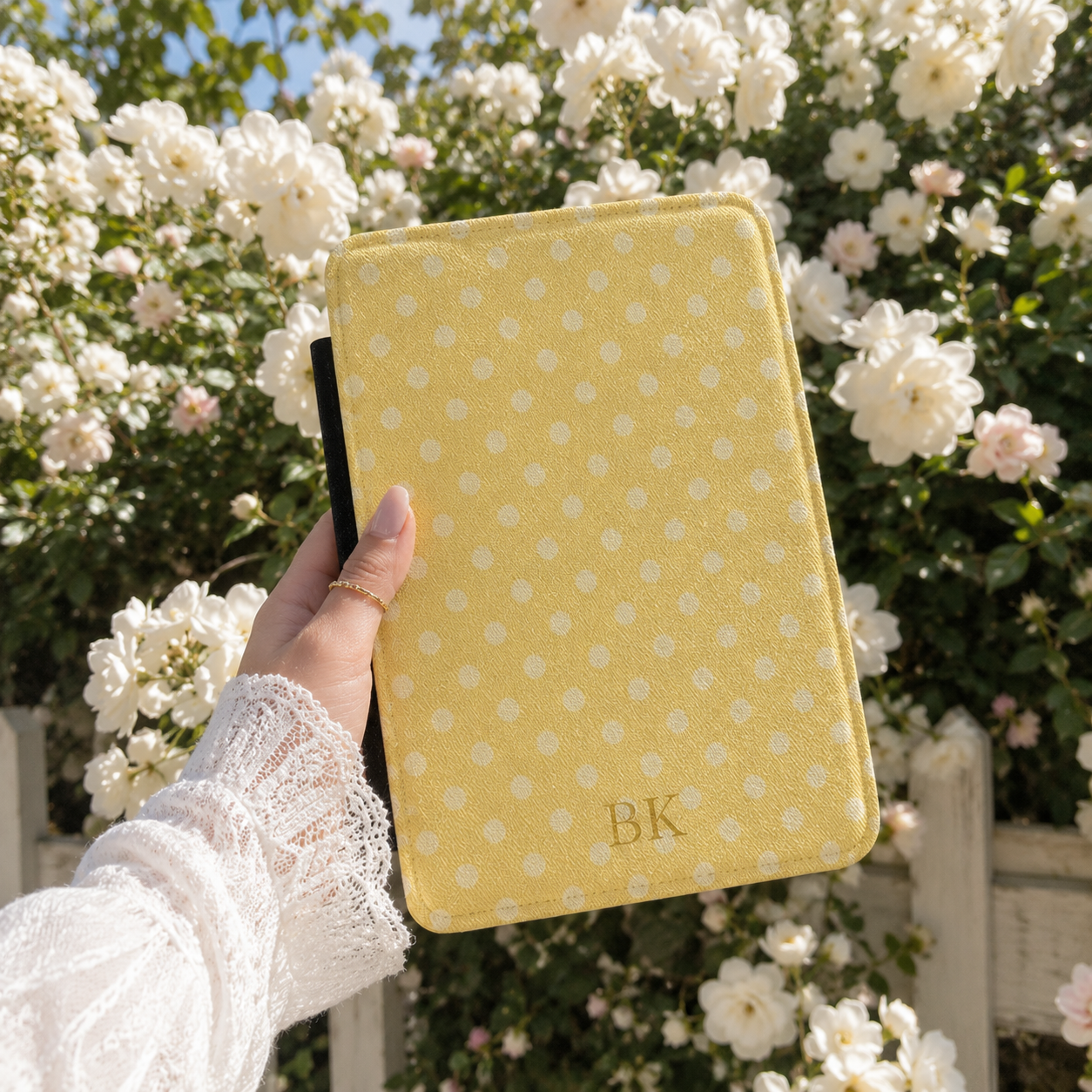 Personalized Yellow Polka Dot Kindle Case — Debossed Initials