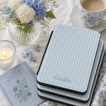 Personalized Blue Ticking Stripe Kindle Case — Debossed Name