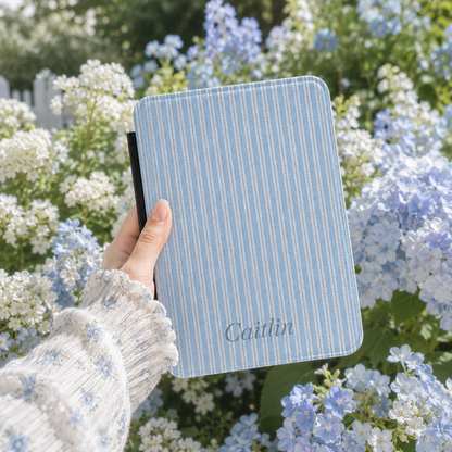 Personalized Blue Ticking Stripe Kindle Case — Debossed Name