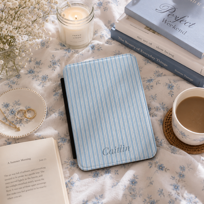 Personalized Blue Ticking Stripe Kindle Case — Debossed Name