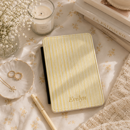 Personalized Yellow Ticking Stripe Kindle Case — Debossed Name