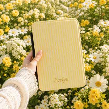 Personalized Yellow Ticking Stripe Kindle Case — Debossed Name