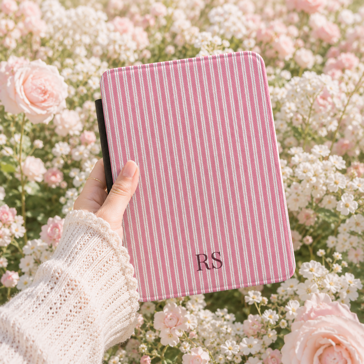 Personalized Pink Ticking Stripe Kindle Case — Debossed Initials