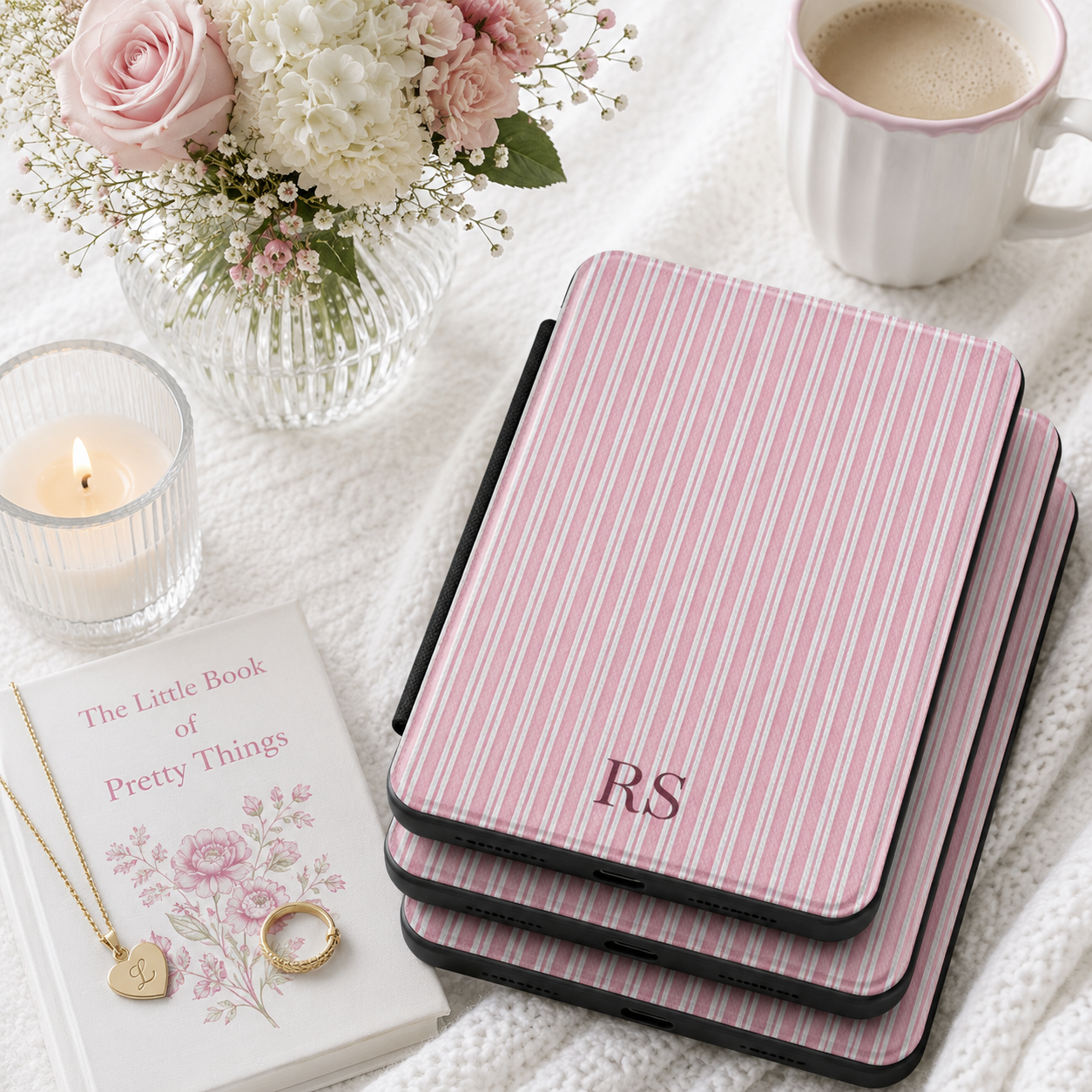 Personalized Pink Ticking Stripe Kindle Case — Debossed Initials