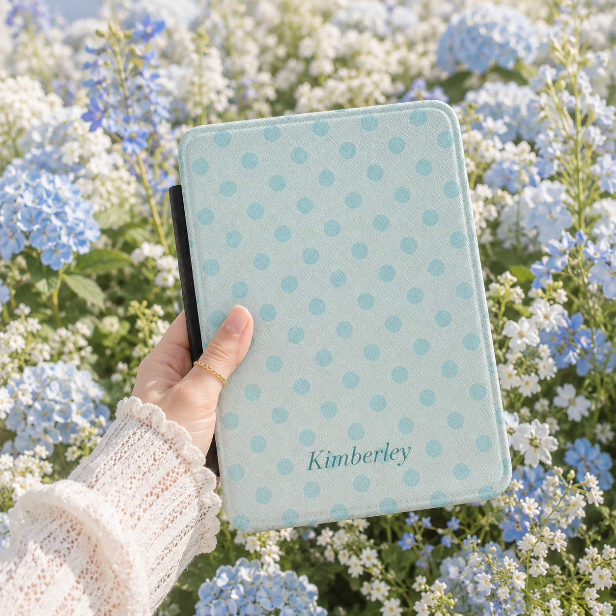 Personalized Blue Polka Dot Kindle Case — Debossed Name