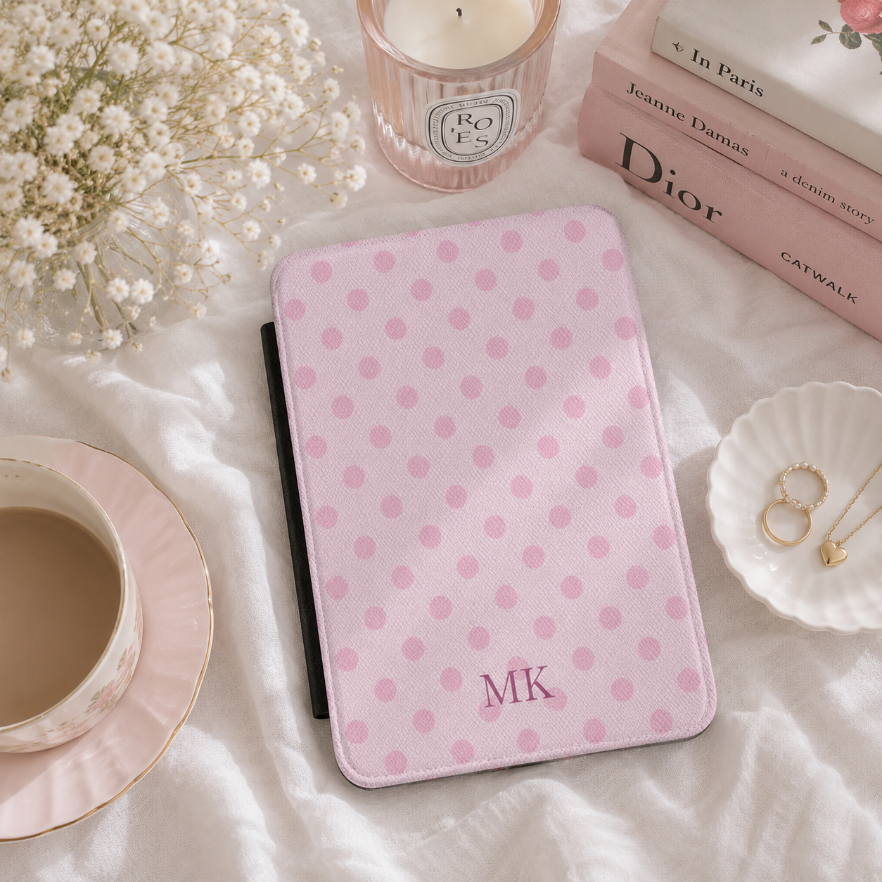 Personalized Pink Polka Dot Kindle Case — Debossed Initials