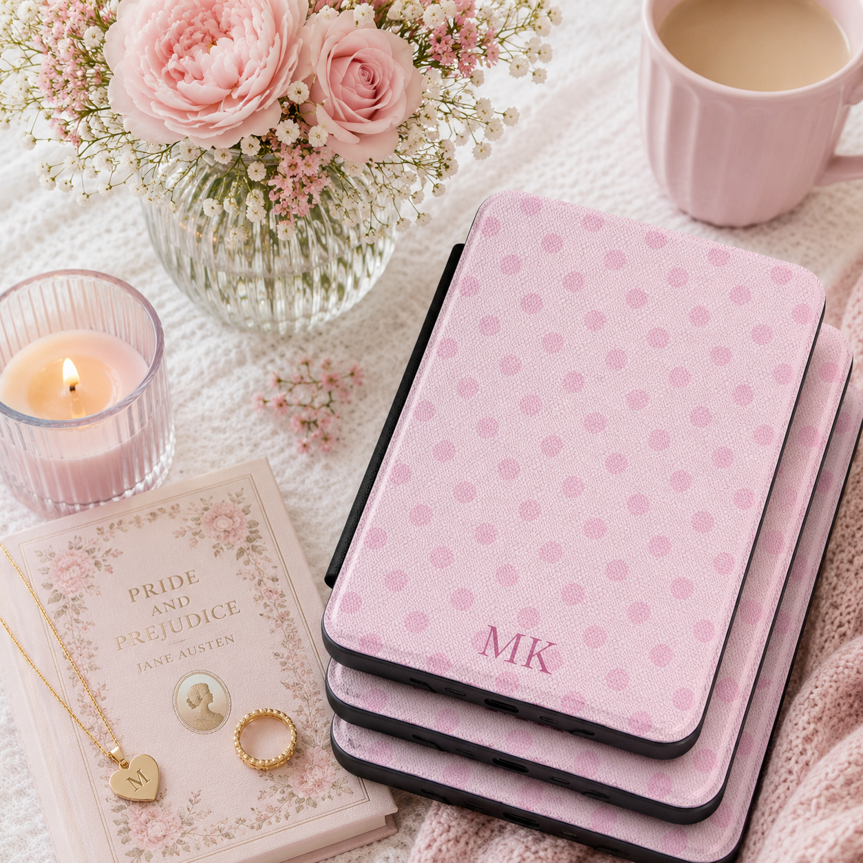 Personalized Pink Polka Dot Kindle Case — Debossed Initials