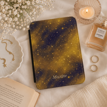 Personalized Galaxy Kindle Case — Navy & Gold Starfield with Debossed Name