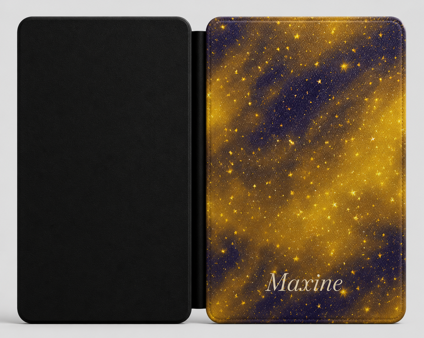 Personalized Galaxy Kindle Case — Navy & Gold Starfield with Debossed Name