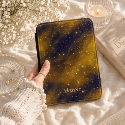Personalized Galaxy Kindle Case — Navy & Gold Starfield with Debossed Name