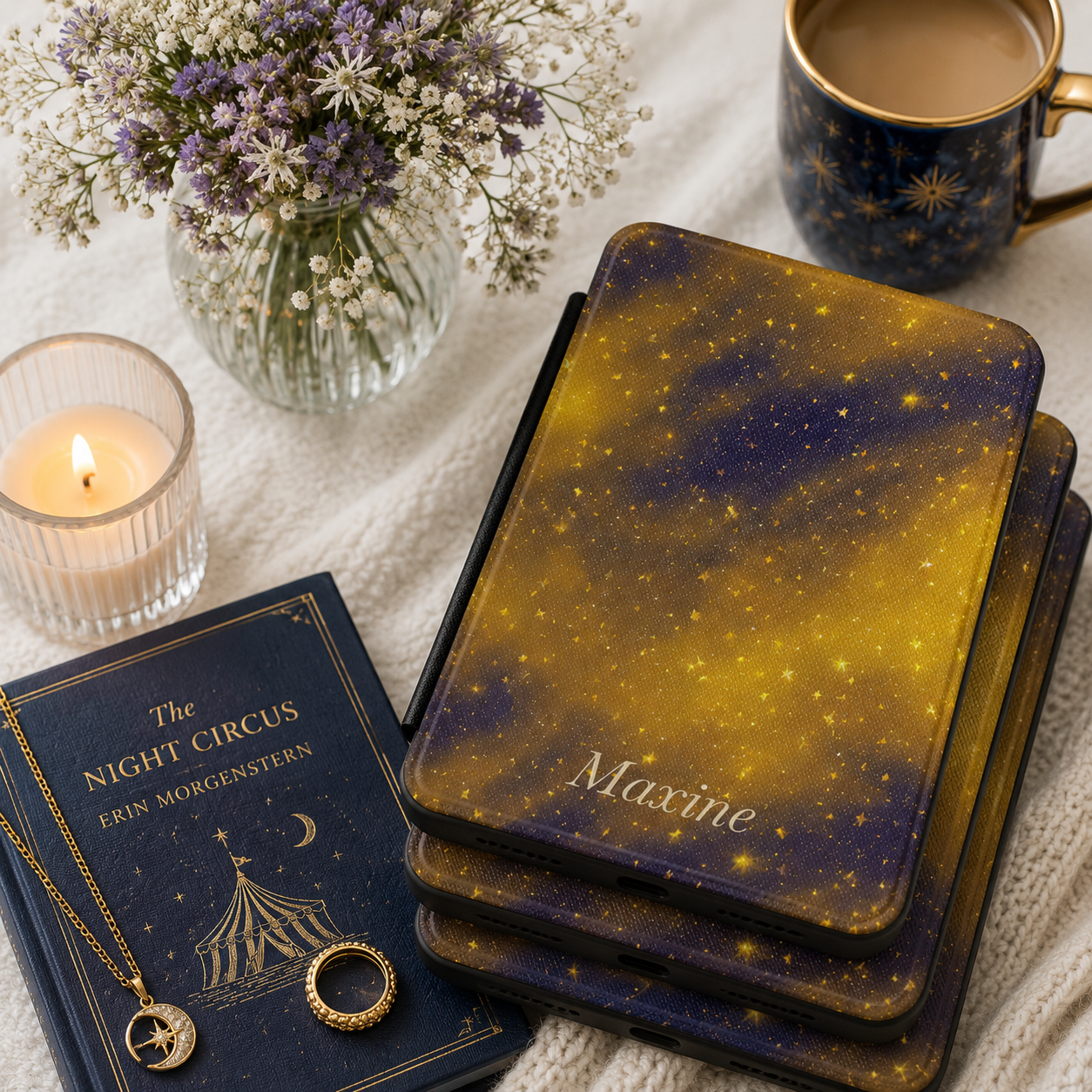 Personalized Galaxy Kindle Case — Navy & Gold Starfield with Debossed Name