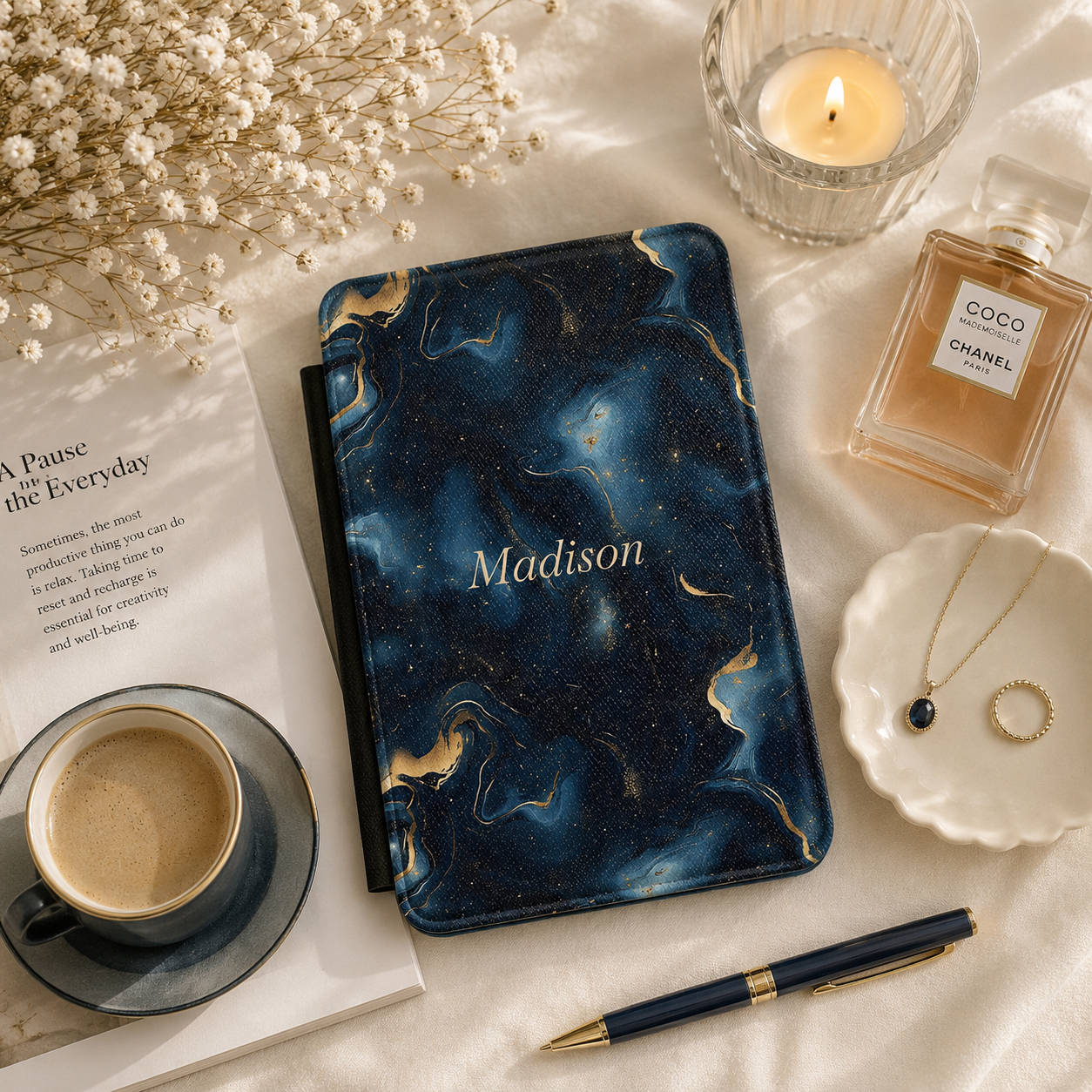 Personalized Navy & Gold Marble Kindle Case — Debossed Name