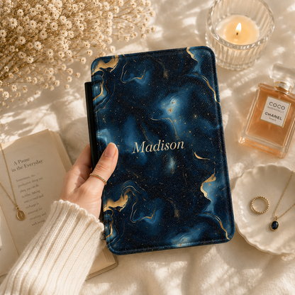 Personalized Navy & Gold Marble Kindle Case — Debossed Name