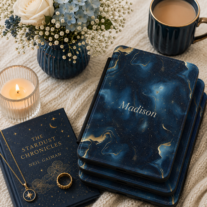 Personalized Navy & Gold Marble Kindle Case — Debossed Name