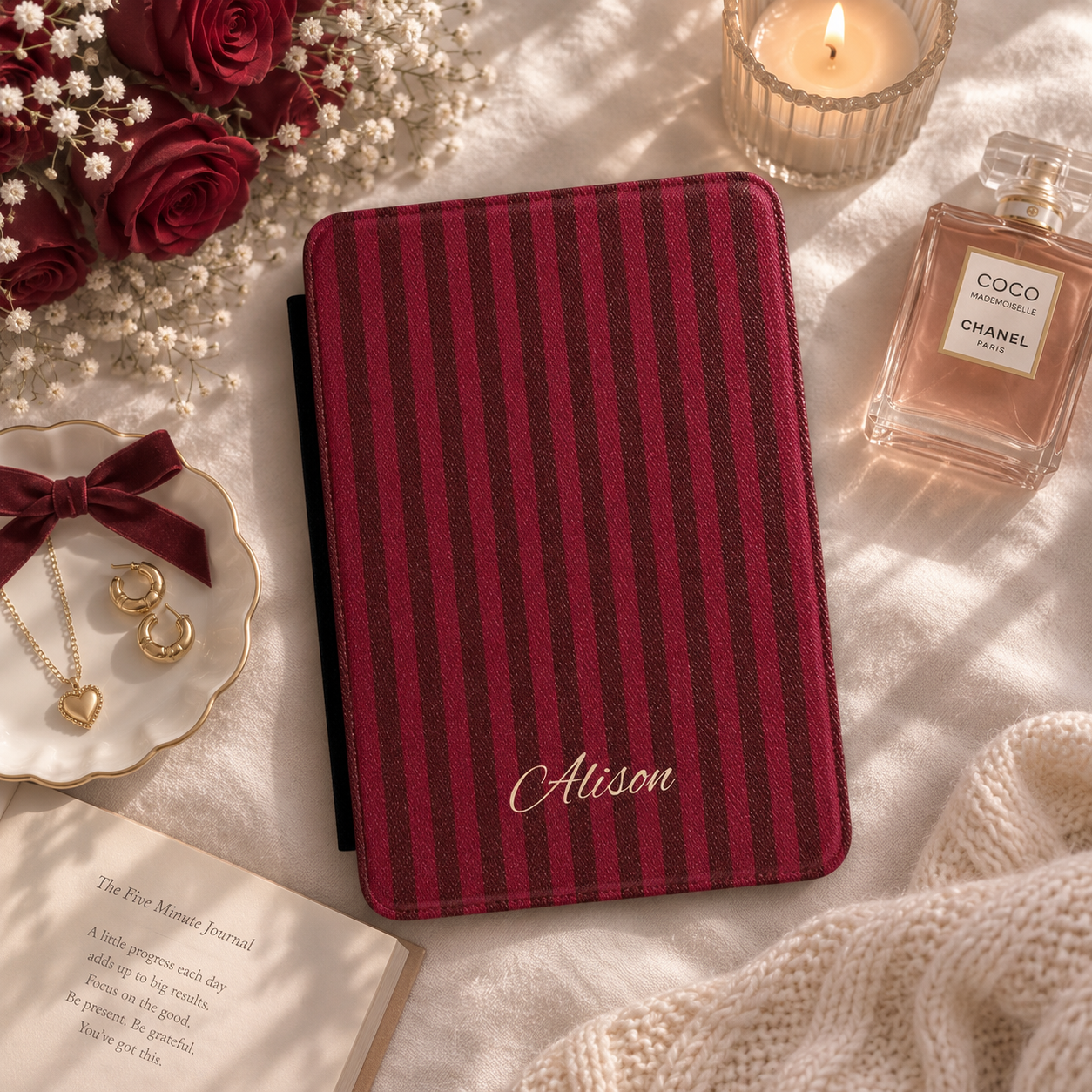 Personalized Burgundy Stripe Kindle Case — Debossed Name