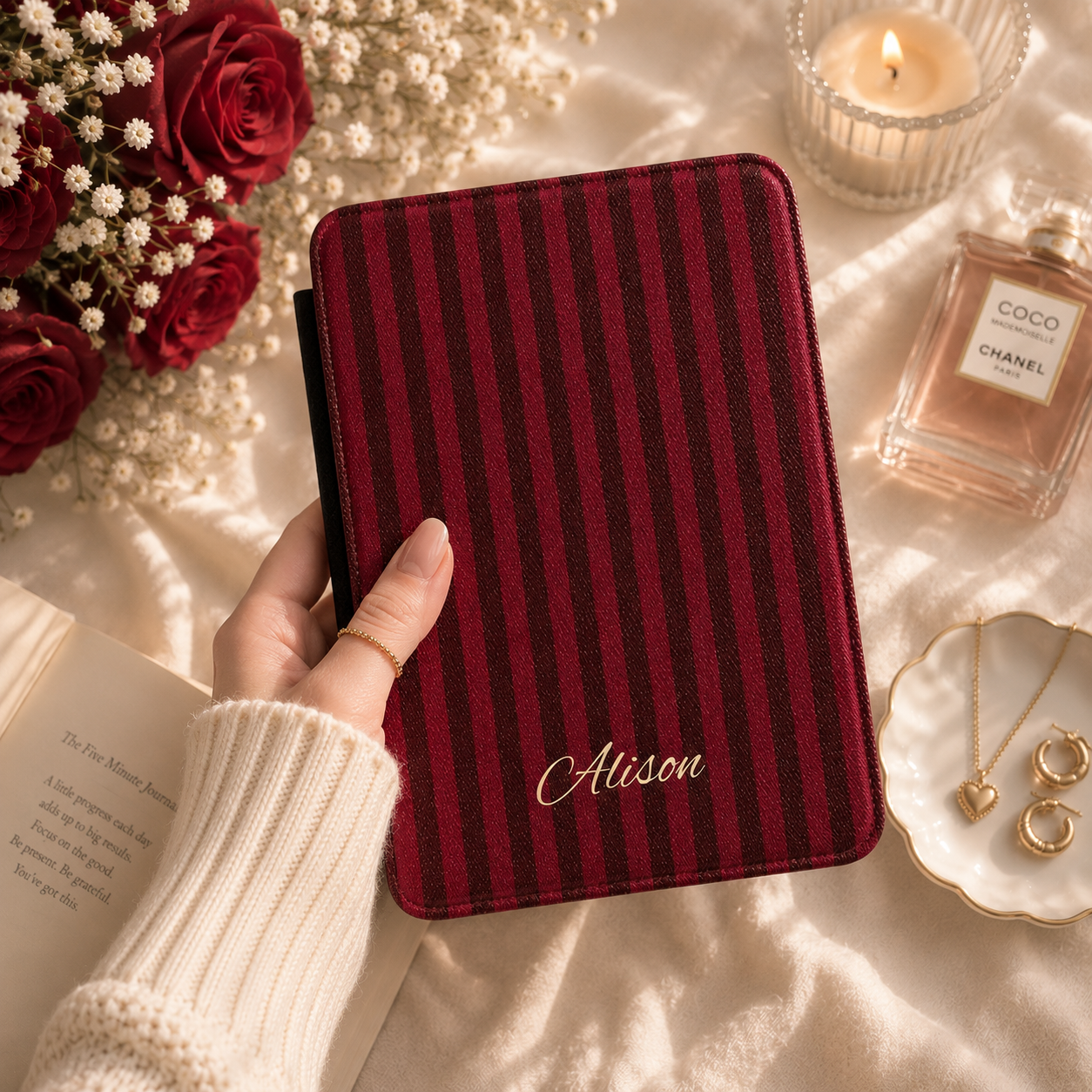 Personalized Burgundy Stripe Kindle Case — Debossed Name