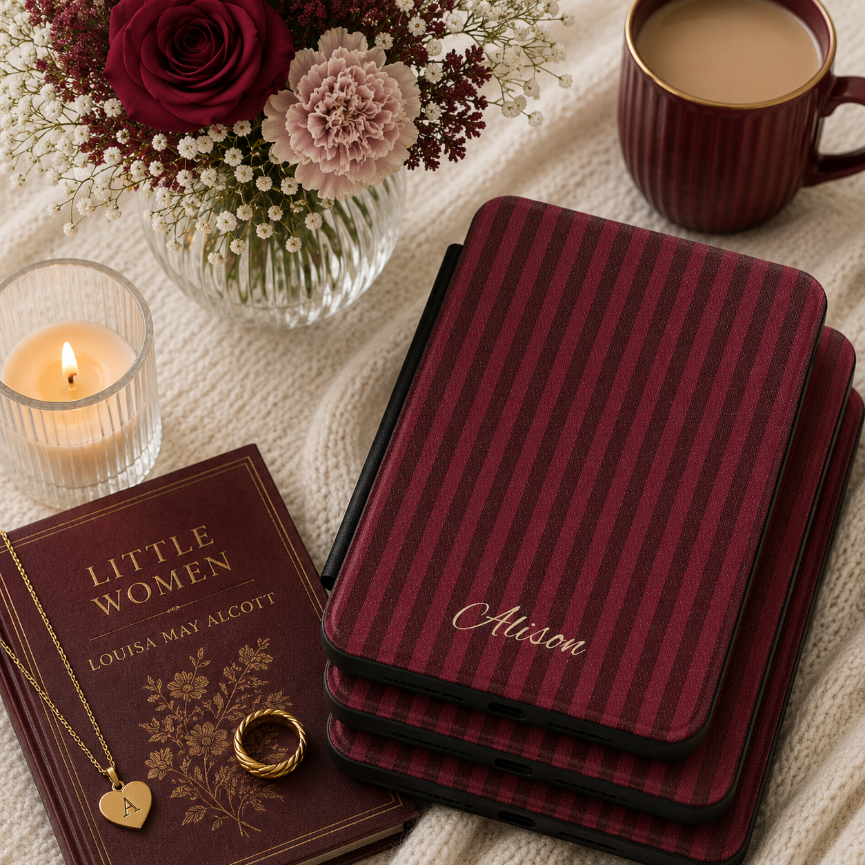 Personalized Burgundy Stripe Kindle Case — Debossed Name