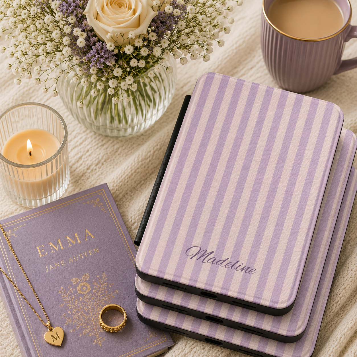 Personalized Lavender Stripe Kindle Case — Debossed Name